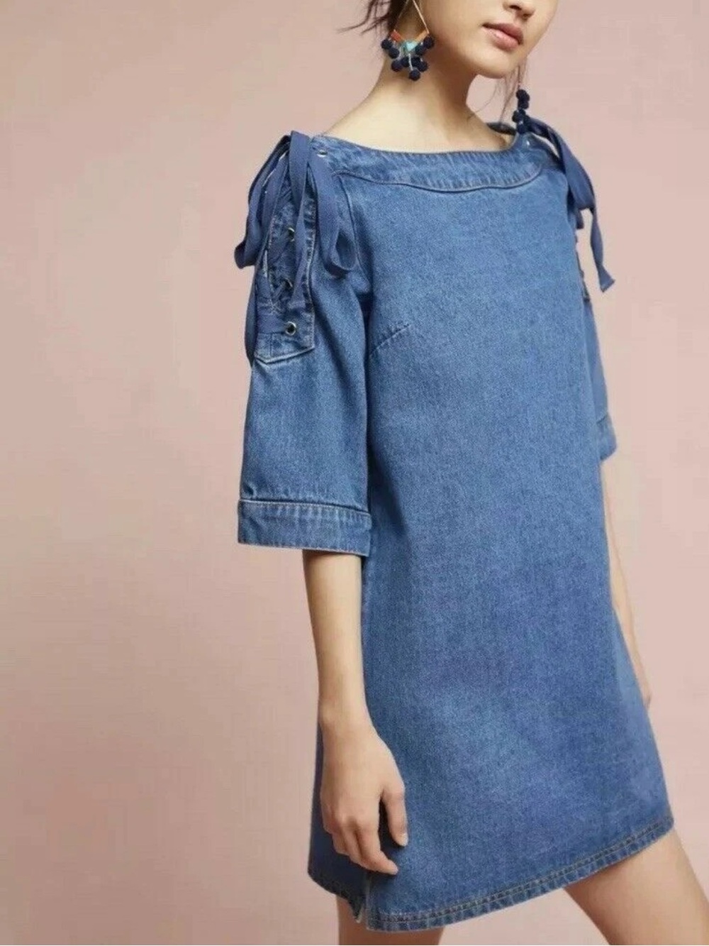 Maeve Blue Denim Shift Dress with Tie-Shoulder Detail